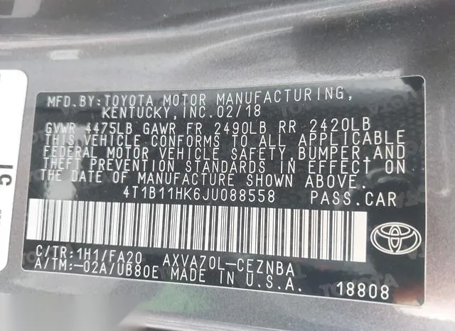 4T1B11HK6JU088558 2018 2018 Toyota Camry- LE 9