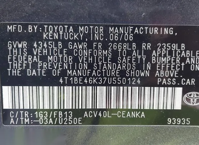 4T1BE46K37U550124 2007 2007 Toyota Camry- LE 9