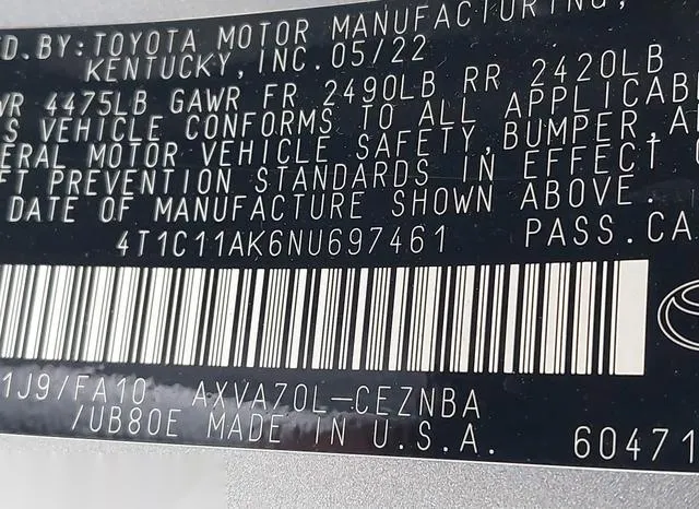 4T1C11AK6NU697461 2022 2022 Toyota Camry- LE 9