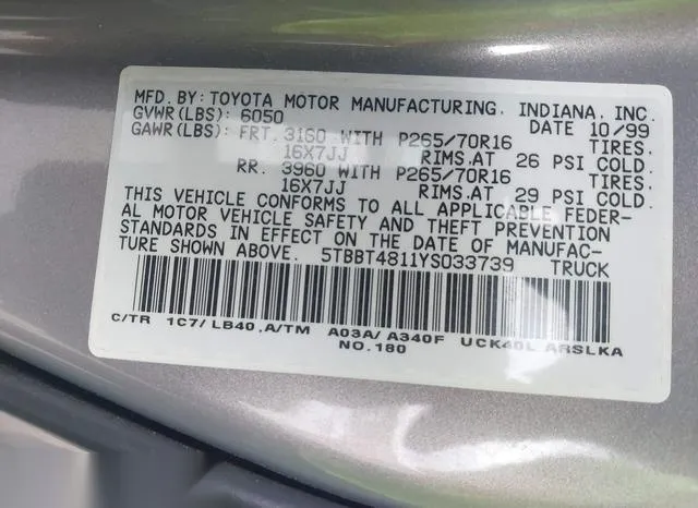 5TBBT4811YS033739 2000 2000 Toyota Tundra- Ltd V8 9