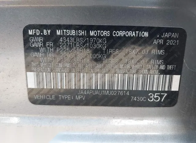 JA4APUAU1MU027614 2021 2021 Mitsubishi Outlander- Sport 2-0 9