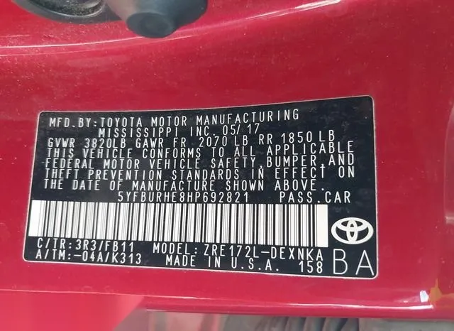 5YFBURHE8HP692821 2017 2017 Toyota Corolla- LE 9