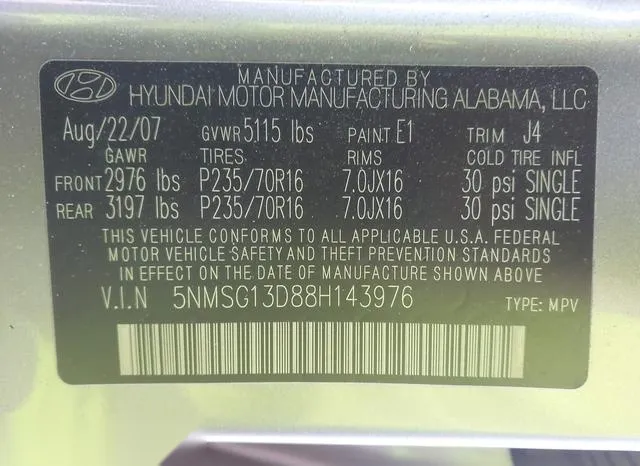 5NMSG13D88H143976 2008 2008 Hyundai Santa Fe- Gls 9