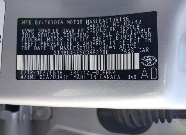 2T1BU4EE2CC893288 2012 2012 Toyota Corolla- LE 9