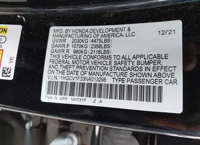 1HGCV1F33NA013298 2022 2022 Honda Accord- Sport 9