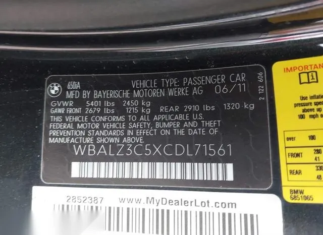 WBALZ3C5XCDL71561 2012 2012 BMW 6 Series- 650I 9