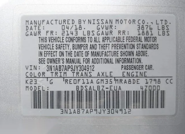 3N1AB7AP9JY304912 2018 2018 Nissan Sentra- S 9