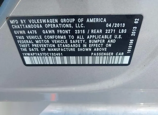 1VWAP7A37DC132451 2013 2013 Volkswagen Passat- 2-5L Wolfsbu 9