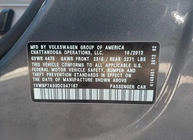 1VWBP7A33DC047157 2013 2013 Volkswagen Passat- 2-5L Se 9