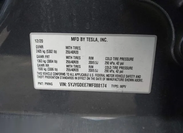 5YJYGDEE7MF088174 2021 2021 Tesla Model Y- Long Range Dual 9