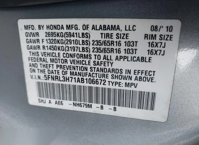 5FNRL3H71AB106672 2010 2010 Honda Odyssey- Ex-L 9