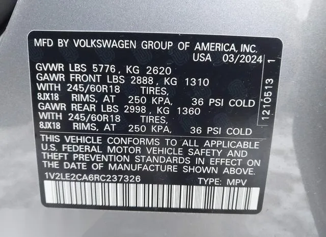 1V2LE2CA6RC237326 2024 2024 Volkswagen Atlas- Cross Sport 2 9