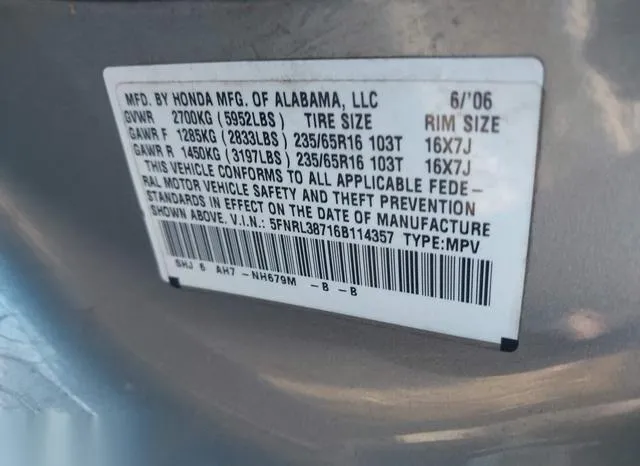 5FNRL38716B114357 2006 2006 Honda Odyssey- Ex-L 9