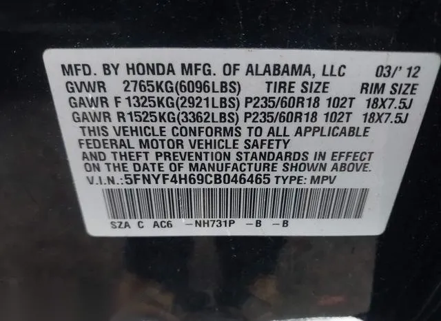 5FNYF4H69CB046465 2012 2012 Honda Pilot- Ex-L 9