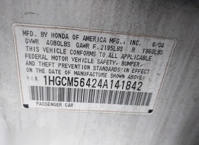 1HGCM56424A141842 2004 2004 Honda Accord- 2-4 LX 9