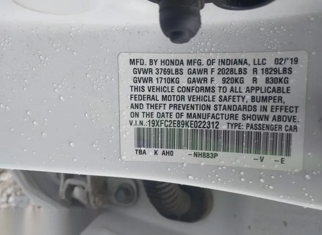 19XFC2E89KE022312 2019 2019 Honda Civic- Sport 9