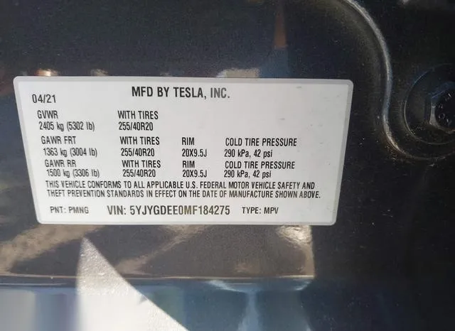 5YJYGDEE0MF184275 2021 2021 Tesla Model Y- Long Range Dual 9