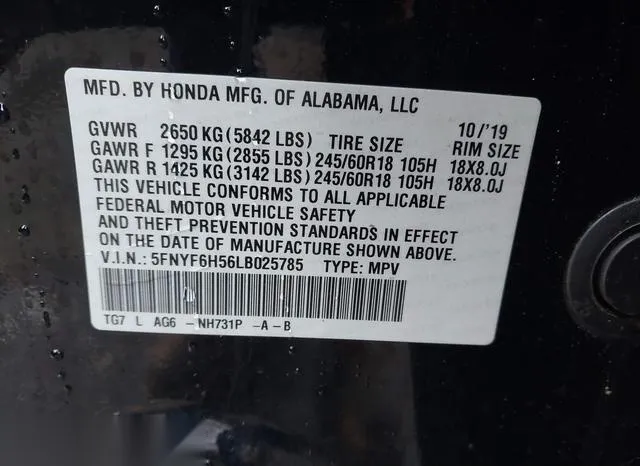 5FNYF6H56LB025785 2020 2020 Honda Pilot- Awd Ex-L 9