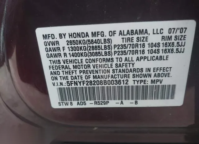 5FNYF28208B003612 2008 2008 Honda Pilot- VP 9