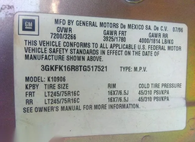 3GKFK16R8TG517521 1996 1996 GMC Suburban- K1500 9