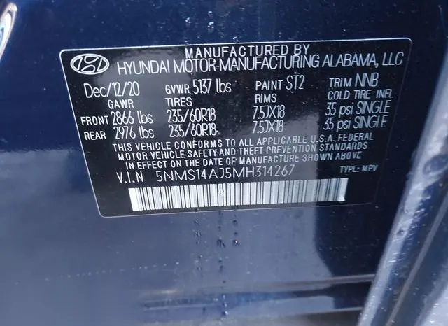 5NMS14AJ5MH314267 2021 2021 Hyundai Santa Fe- SE 9