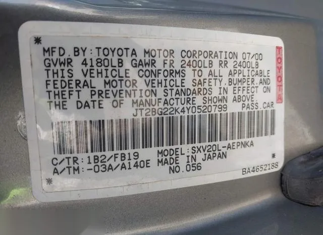 JT2BG22K4Y0520799 2000 2000 Toyota Camry- LE 9