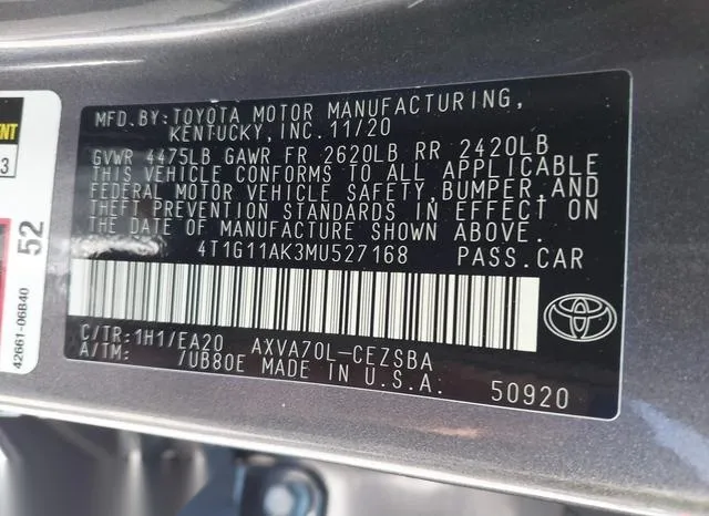 4T1G11AK3MU527168 2021 2021 Toyota Camry- SE 9