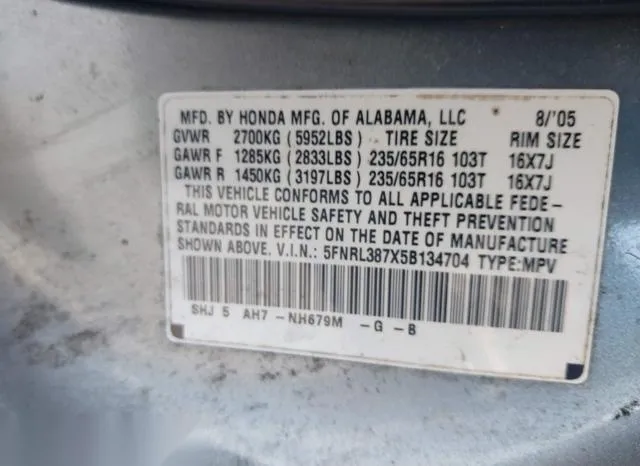 5FNRL387X5B134704 2005 2005 Honda Odyssey- Ex-L 9