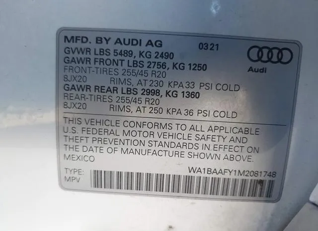 WA1BAAFY1M2081748 2021 2021 Audi Q5- Premium Plus 45 Tfsi Q 9