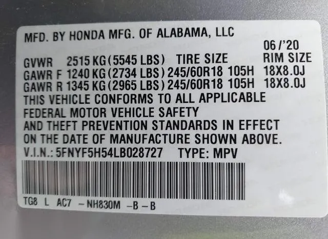 5FNYF5H54LB028727 2020 2020 Honda Pilot- 2Wd Ex-L 9