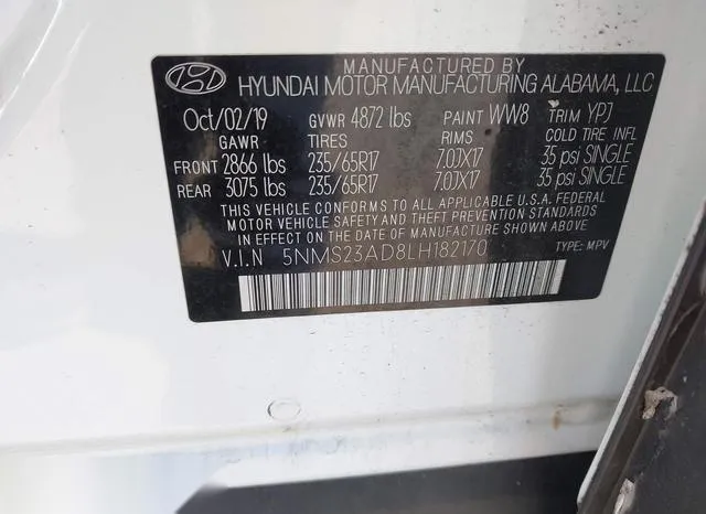 5NMS23AD8LH182170 2020 2020 Hyundai Santa Fe- SE 9