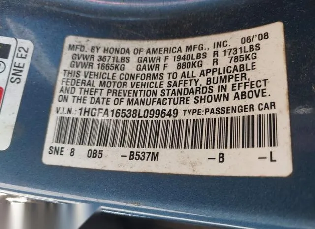 1HGFA16538L099649 2008 2008 Honda Civic- LX 9