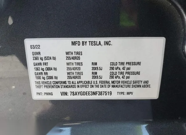 7SAYGDEE3NF387519 2022 2022 Tesla Model Y- Long Range Dual 9