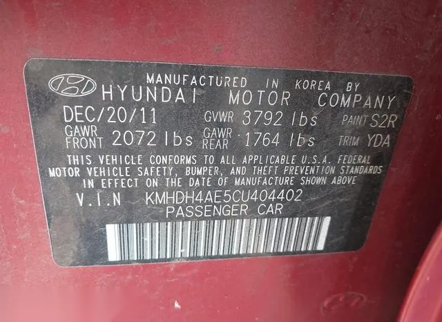 KMHDH4AE5CU404402 2012 2012 Hyundai Elantra- Gls -ulsan Plant- 9