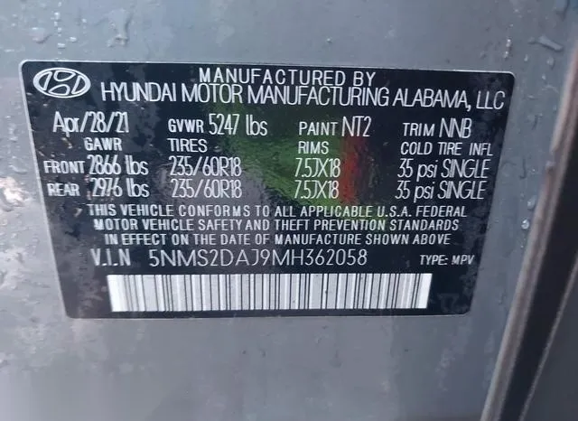 5NMS2DAJ9MH362058 2021 2021 Hyundai Santa Fe- Sel 9