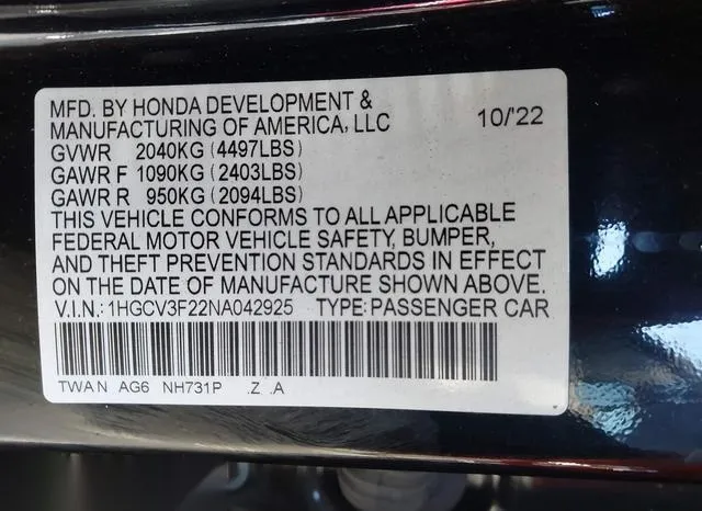 1HGCV3F22NA042925 2022 2022 Honda Accord- Hybrid Sport 9