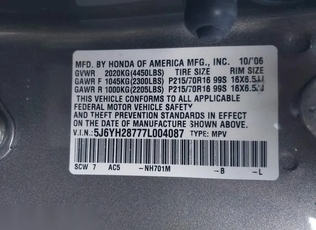 5J6YH28777L004087 2007 2007 Honda Element- EX 9