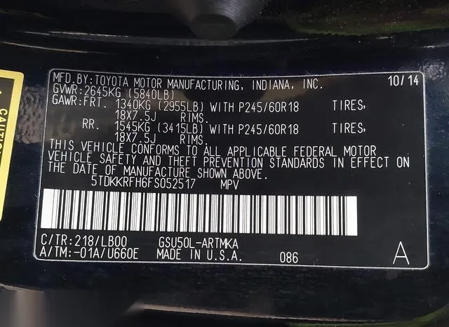 5TDKKRFH6FS052517 2015 2015 Toyota Highlander- Xle V6 9