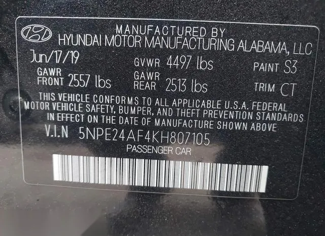 5NPE24AF4KH807105 2019 2019 Hyundai Sonata- SE 9