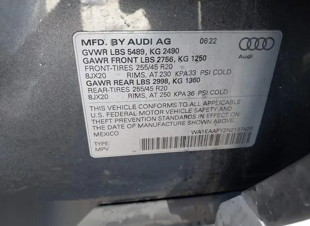 WA1EAAFY2N2137405 2022 2022 Audi Q5- Premium Plus 45 Tfsi S 9