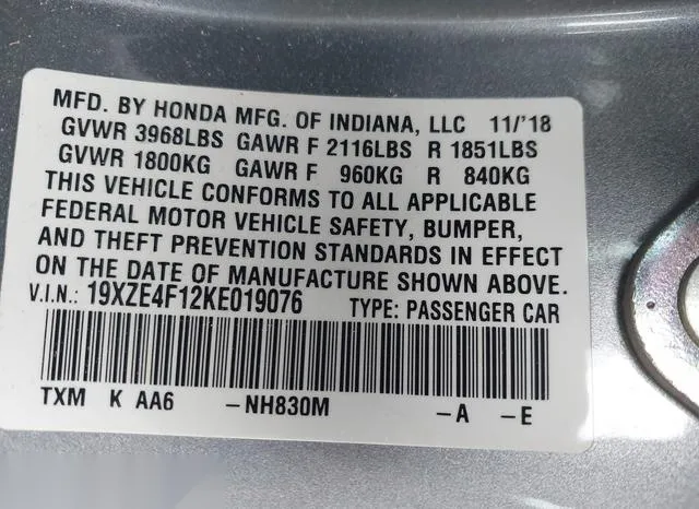 19XZE4F12KE019076 2019 2019 Honda Insight- LX 9