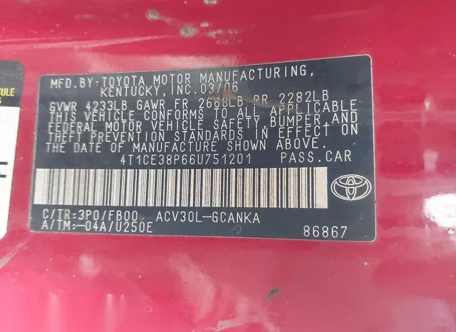 4T1CE38P66U751201 2006 2006 Toyota Camry- Solara SE 9