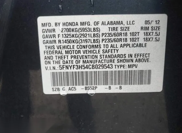 5FNYF3H54CB029543 2012 2012 Honda Pilot- Ex-L 9