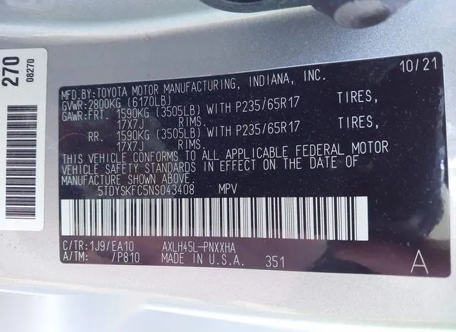 5TDYSKFC5NS043408 2022 2022 Toyota Sienna- Xle 9