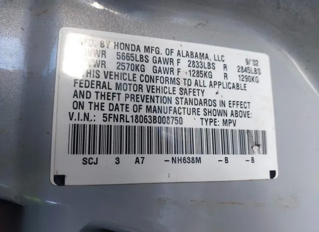 5FNRL18063B008750 2003 2003 Honda Odyssey- Ex-L 9