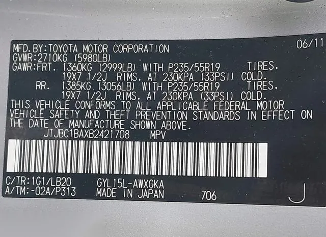 JTJBC1BAXB2421708 2011 2011 Lexus RX- 450H 9