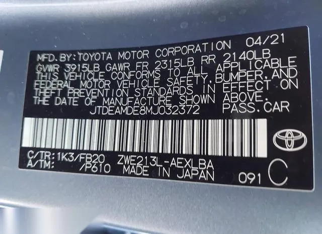 JTDEAMDE8MJ032372 2021 2021 Toyota Corolla- Hybrid Le 9