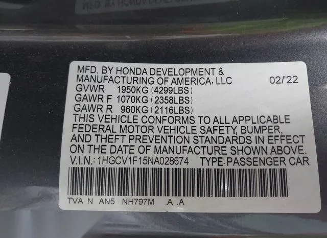 1HGCV1F15NA028674 2022 2022 Honda Accord- LX 9