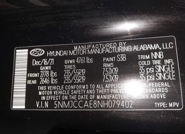 5NMJCCAE8NH079402 2022 2022 Hyundai Tucson- Sel 9