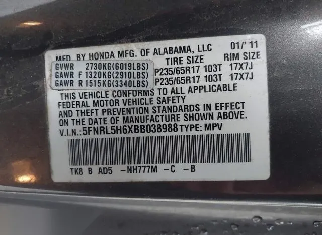 5FNRL5H6XBB038988 2011 2011 Honda Odyssey- Ex-L 9